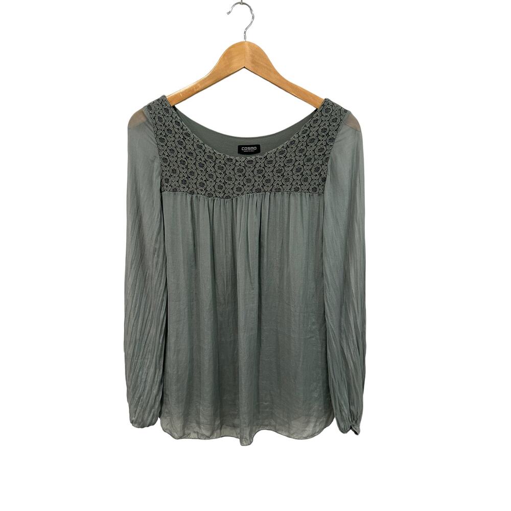 Cosmo Silk Sage Green Sheer Long Sleeve Crew Neck Lace Panel Blouse Size Small